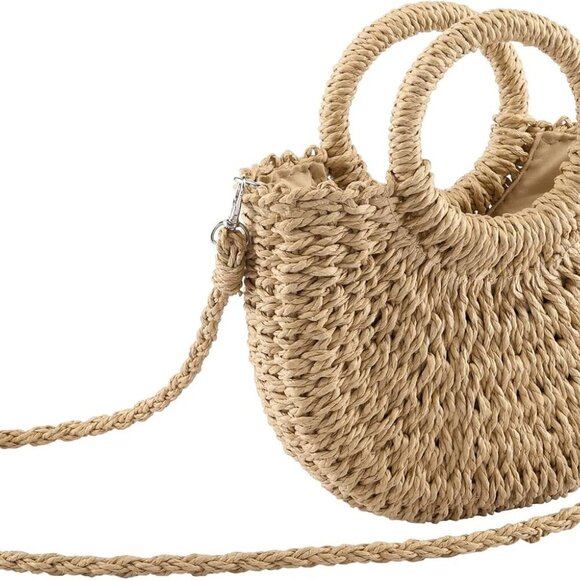 Small Summer Beach Straw Bag for Women Crossbody Top Handle Shoulder Handbag Min - Picture 1 of 7